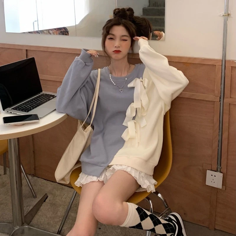 سترة الربيع والخريف للنساء متطابقة الأساسية 2000s Emo Y2k ملابس الشارع اليابانية القطن الرياضة القوس امرأة البلوز القمم