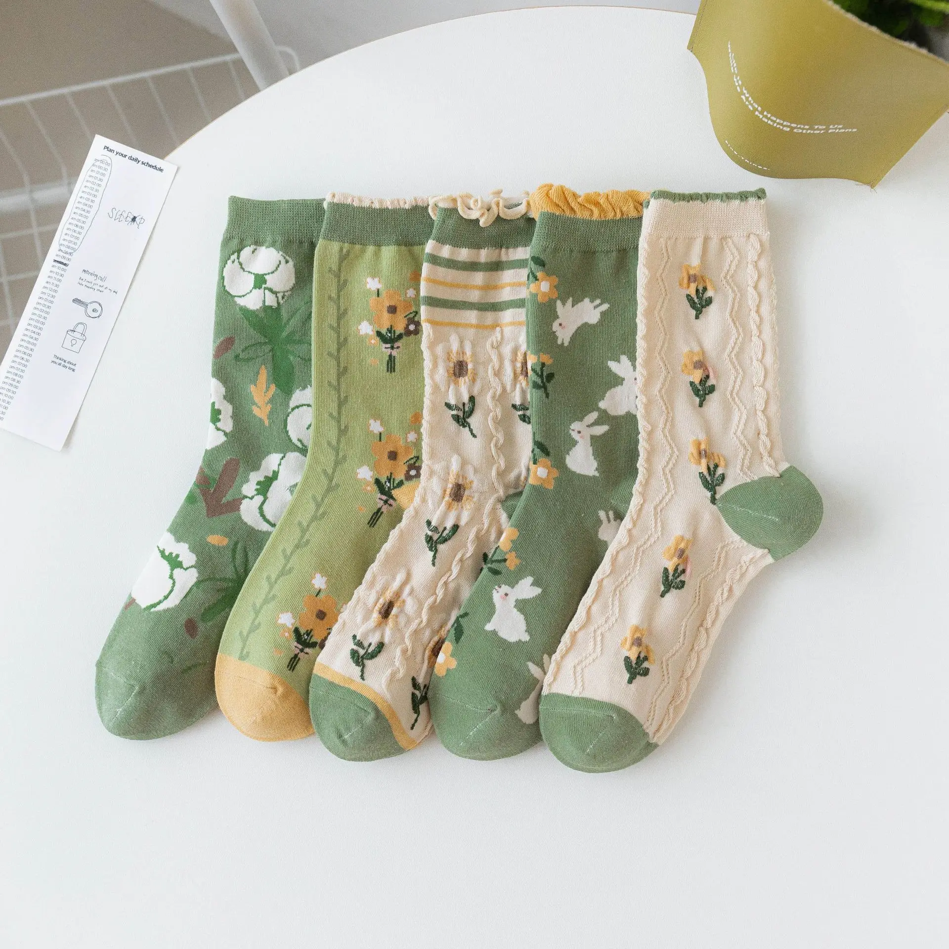 1/5 Paar Damen-Herbst-Winter-Socken mit Pflanzen- und Blumenmuster, einfache, bequeme Freizeitsocken