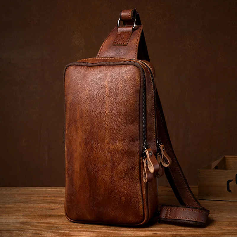 Handmade leather chest bag men\'s bag sports crossbody bag large-capacity shoulder bag leisure leather mobile phone bag