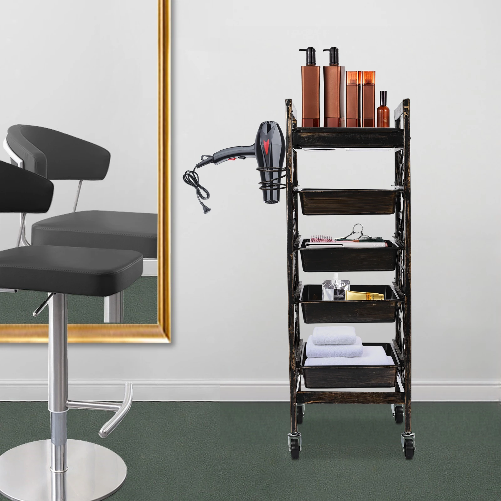 5 Tier Classic Salon Rolling Storage Trolley Black Brown Barber Organizer Rolling Cart Hair Salon Equipment for Hair Stylist