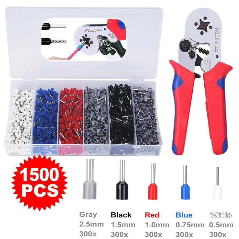 

1500pcs Tube Terminal Insulated Terminal+ 1PCS Pliers HSC8 6-4 Crimping Tool 0.25-10mm² Wire Connector Electrical Tube Terminals