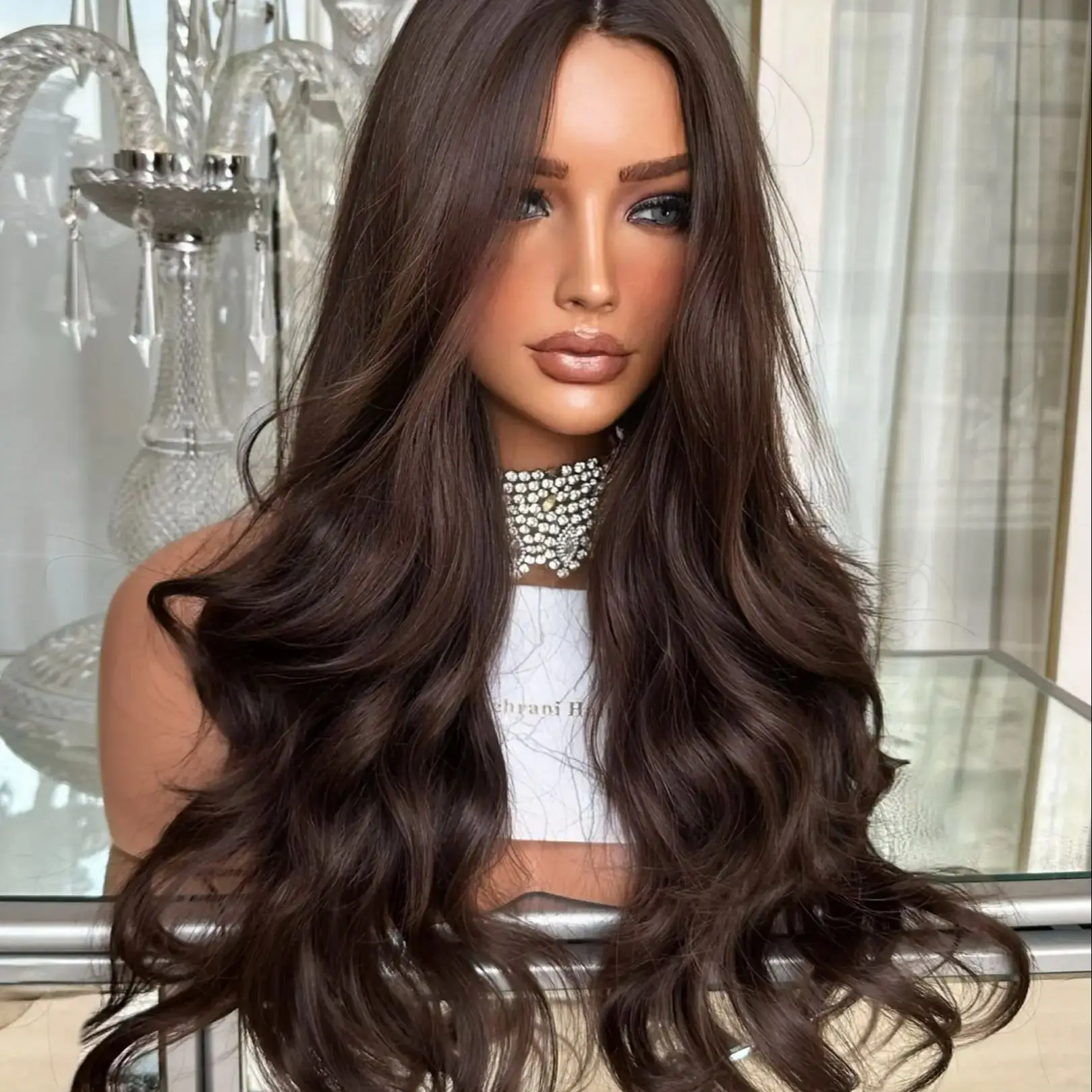 

Dark Brown 13*4 HD Transparent Lace Wigs Body Wave Cool Brunette Natural Hairline Glueless Wig High Heat Fibre Women Wig Wear&Go