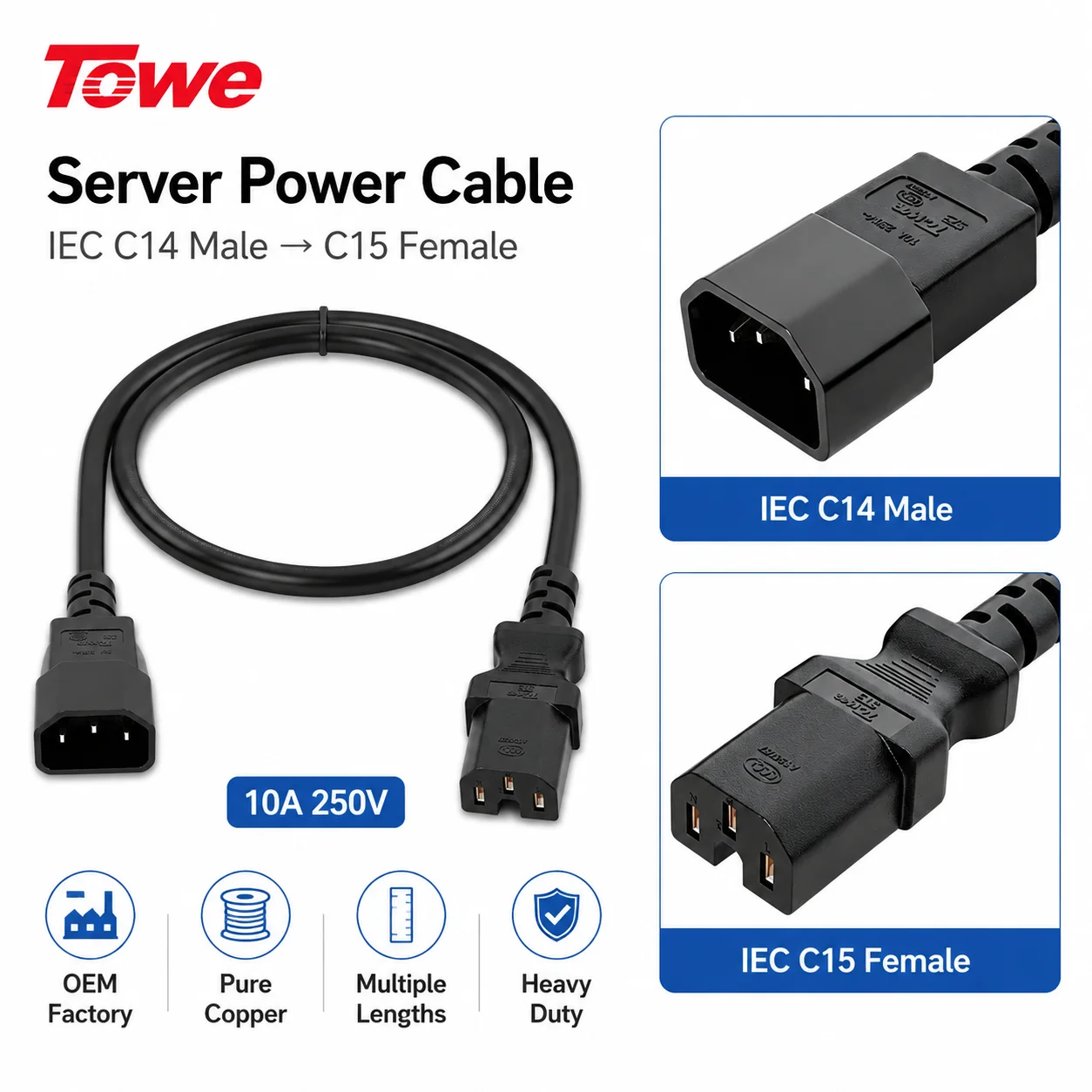 TOWE Enterprise Server Power Cord IEC C14 Male to C15 Female 10A Extension Cable for PDU Rack Cabinet UPS System