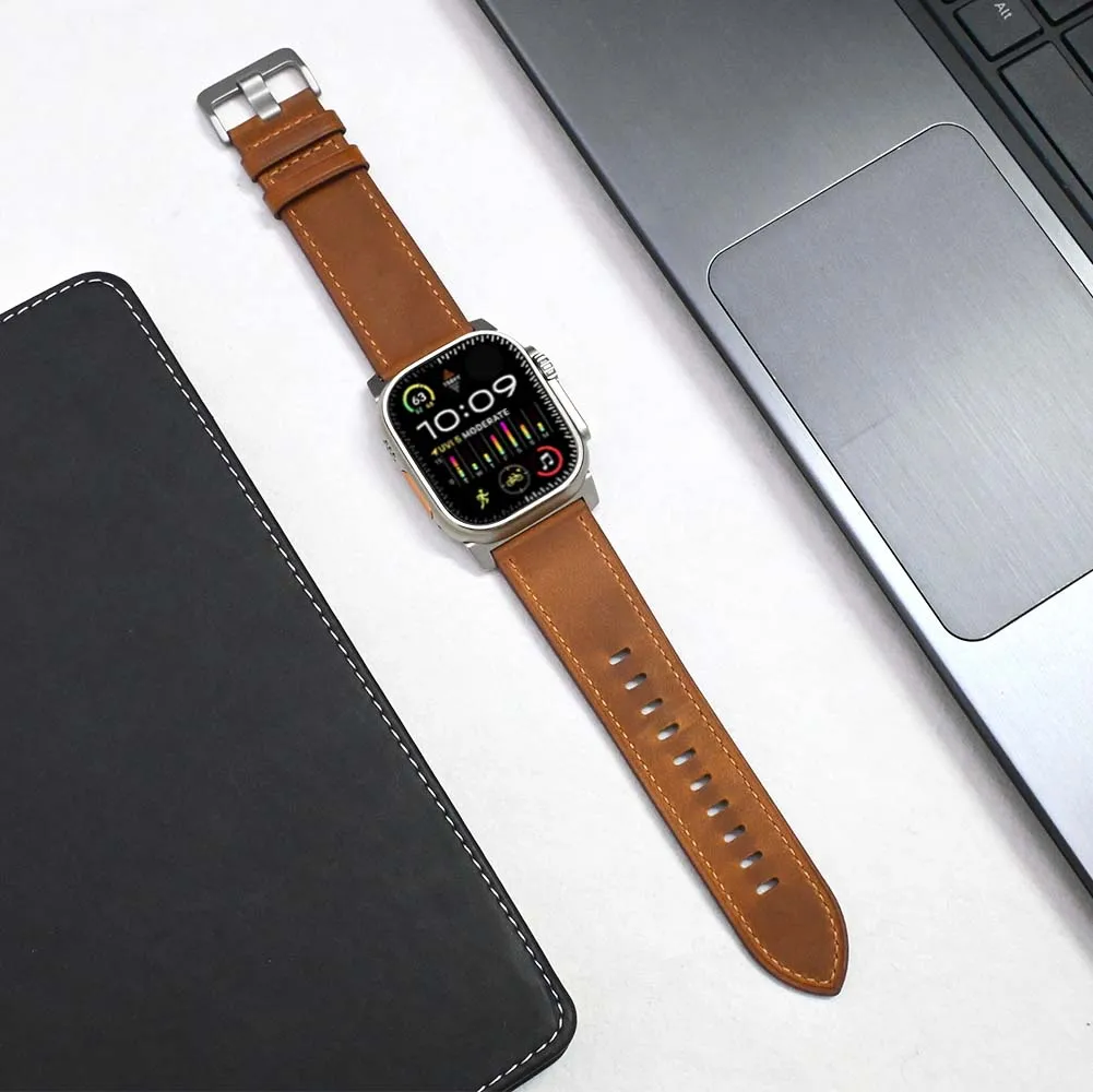 Luxury Genuine Leather Band For Apple Watch Ultra 49mm Mens Strap For iWatch Series 9 8 7 45mm 41mm 6 5 4 se 44mm 42mm Bracelet image 6