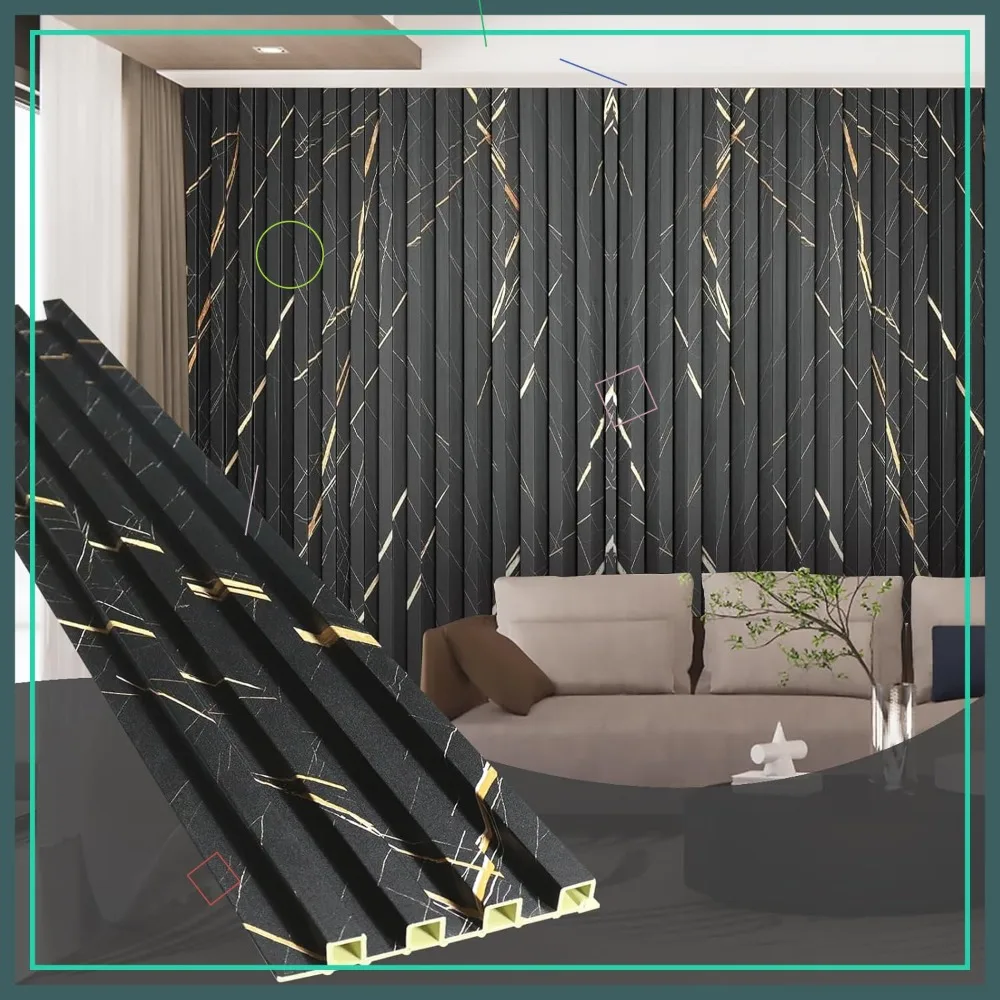 

WPC Acoustic Slat Wall Paneling, 8-Pack 96x6 Inches 3D Wall Panels for Interior Decor, Living Room, TV Background, Black Marble
