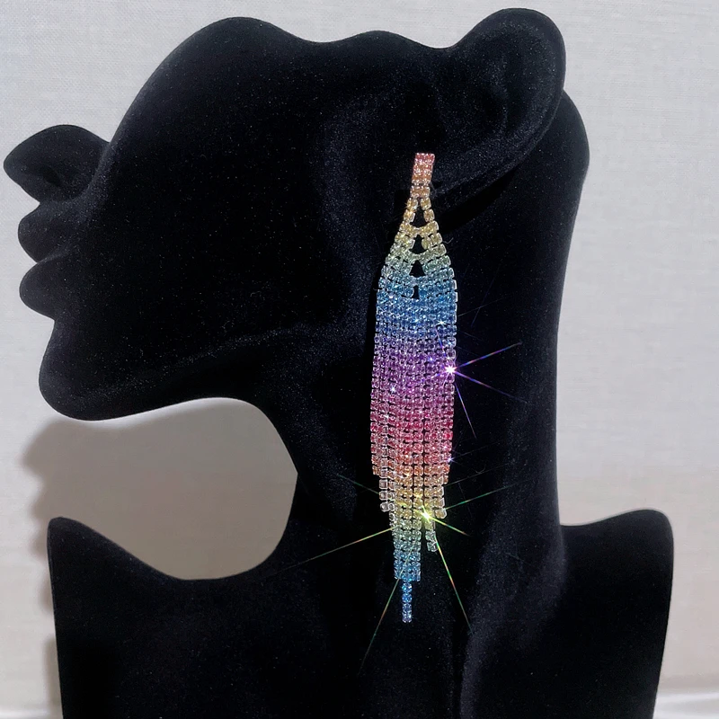 New Trendy Colorful Rhinestone Tassel Dangle Earrings for Women Statement Wedding Party Jewelry Shine Crystal Long Drop Earrings