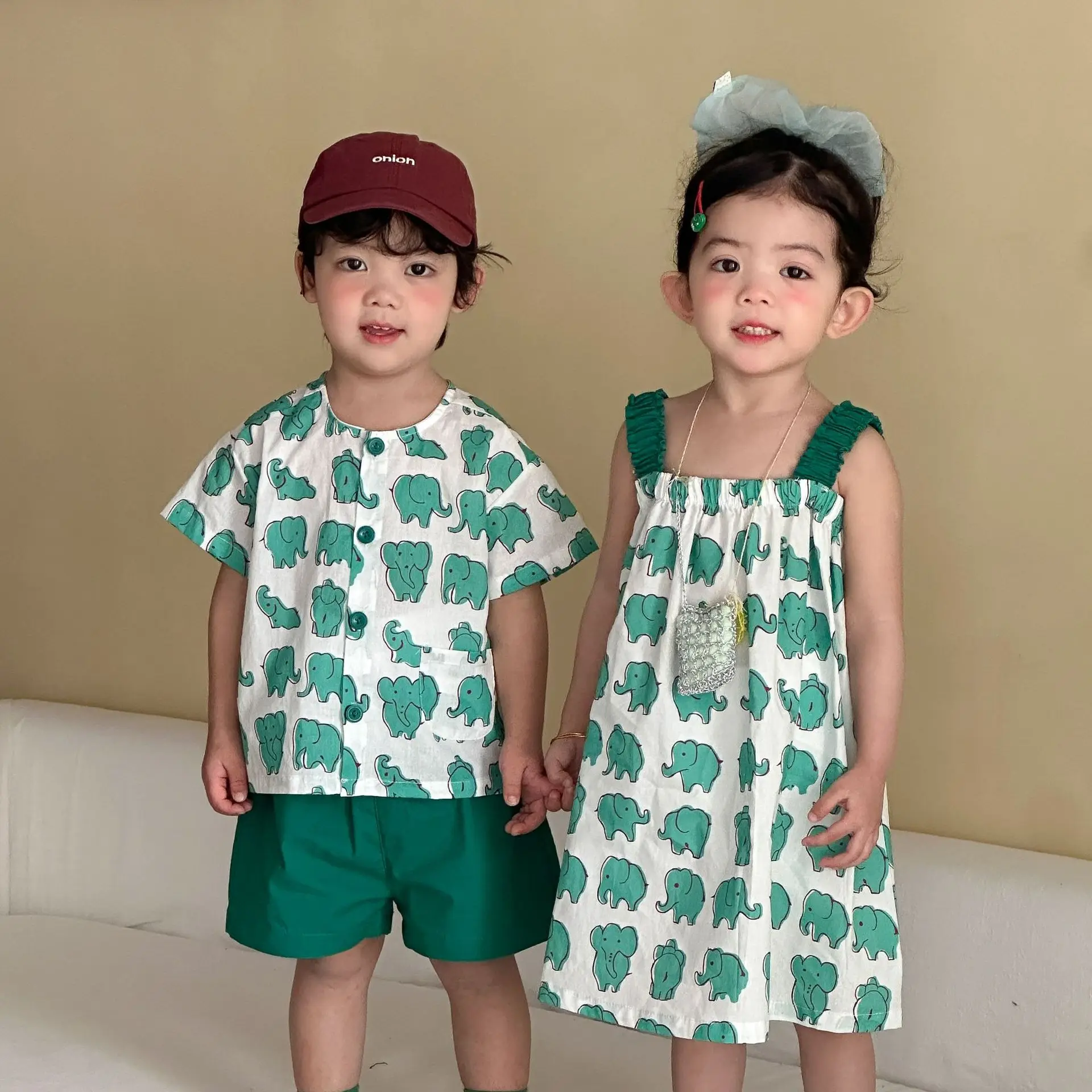 

2026 Summer New Children Brother Sister Outfits Boys Shirts + Shorts 2pcs Suit Girls Short Sleeve Dress Loose Twin Clothes
