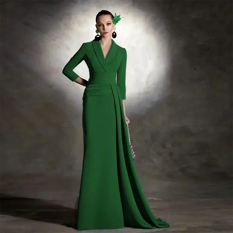 

Elegant Green Mermaid Evening Dress 2024 V Neck 3/4 Sleeves Women Prom Party Arabic Dubai Long Formal Gowns Robe De Soire