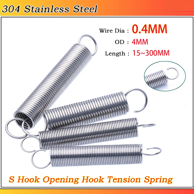 304 Stainless Steel S-shaped Open Hook Tension Spring  Pullback Extension Expansion Spring Wire Dia 0.4MM OD 4MM L: 15~300MM