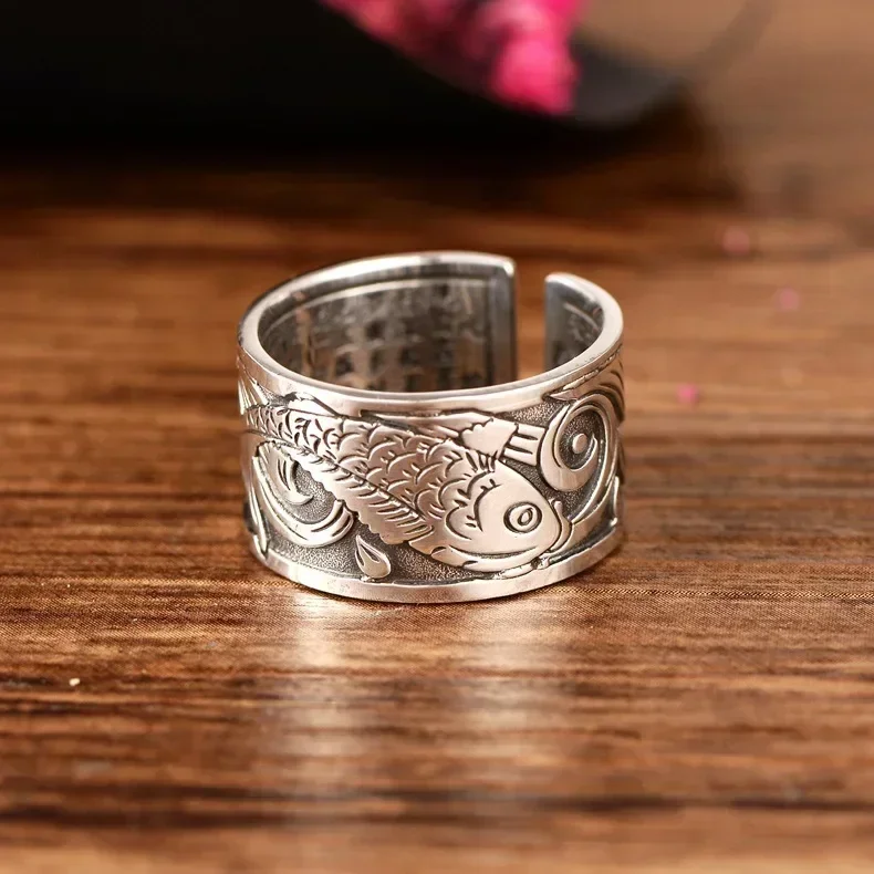 Ethnic Style Silver Color Ring Retro Koi Fish Heart Sutra Opening Men's and Women's Rings Lucky Rings Casual Party Rings