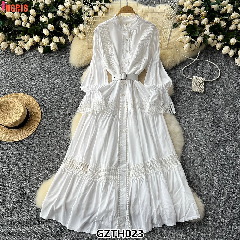 

New Fashion French Women Stand Collar Flared Sleeve Single Breasted Lace Patchwork Long Elegant Dresses-GZTH023