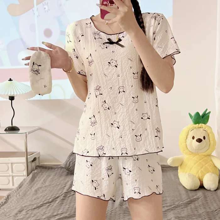 Bow Pajamas Women Cardigan 2023 New Summer Cute Pochacco Kuromi Cinnamoroll Two Piece Shorts Simple Homewear Set Anime Plush Toy