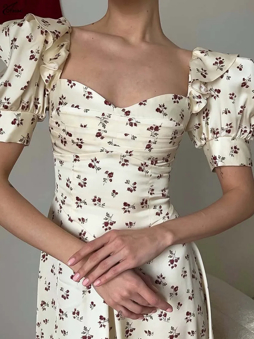 ชุดเดรสผ้าซาตินสีเหลืองสำหรับผู้หญิง แบรนด์ Oymimi ดีไซน์หรูหรา คอเหลี่ยม เอวสูง แขนสั้น สไตล์ลำลอง ทรงหลวม ความยาวระดับกลางน่อง