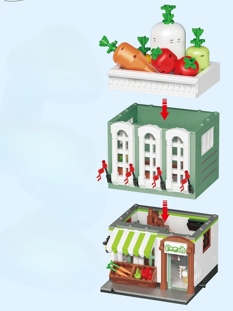 MOC 농업 차량 상점 꽃 카트 상점 블록 세트 쇼핑 상점 집 DIY 장난감 어린이 생일 휴일 선물