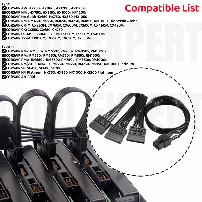 Original 6Pin to 3 SATA Straight Riser Card SSD HDD Power Cable 18AWG for CORSAIR HX750 HX850 HX1000 HX1200 PLATINUM Modular PSU