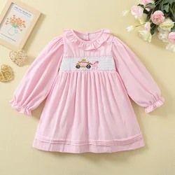 2023 Spring New Baby Smocked Baby Clothes Girls Pink Long Sleeve Dress Embroidery Flower Print Kids Cute Floral Princess Dresses