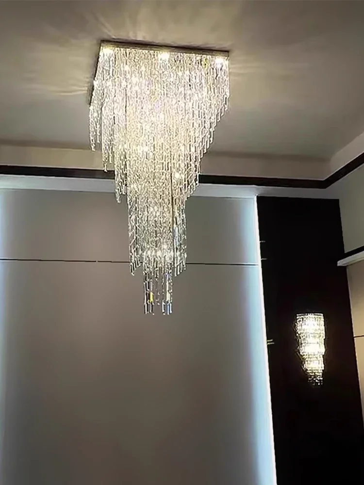 

Luxury Glittering Waterfall Crystal High Ceiling Chandeliers LED Hotel Designer Hall Hanging Lamps Hall Lights Cottage Lustres