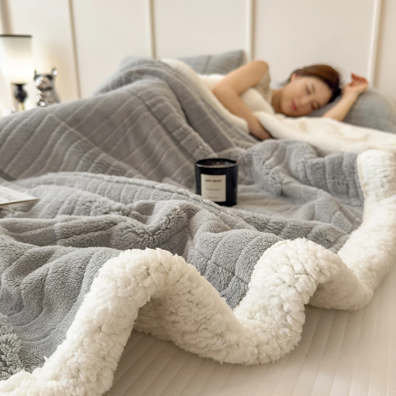 

Faux Fur Ripple Winter Warm Blankets for Bed Living Room Three Layer Thickened Sherpa Fleece Blanket Quilt Soft Warmth Quilts