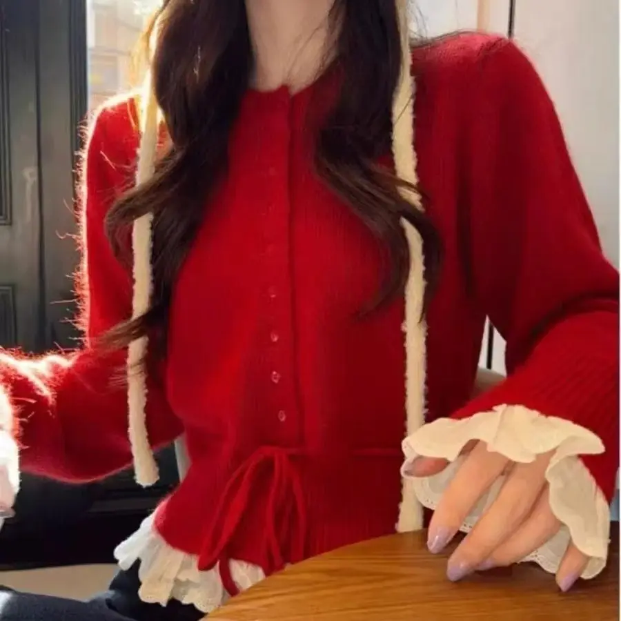 Lace patchwork Lace Up Sweater Korean Sweet Fake Two-piece O-neck Top Spring Autumn New Long Sleeved Knitted Cardigan For Women
