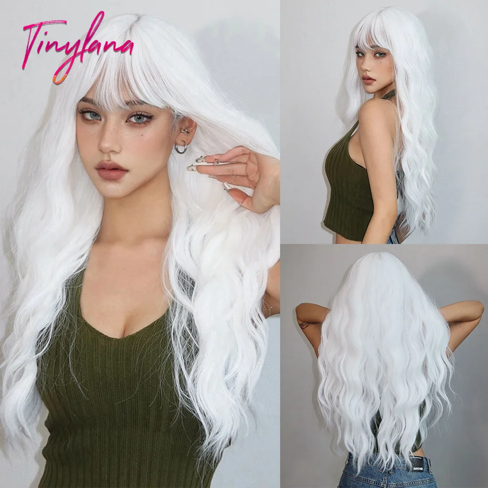 Długie kręcone białe platynowe peruki syntetyczne z grzywką dla kobiet Afro Cosplay Lolita Falowana peruka Naturalne włosy Odporne na ciepło Codzienne użytkowanie