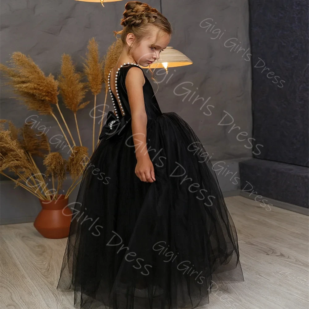 فستان حفلات للفتيات باللون الأسود برقبة سكوب مفتوح الظهر فستان فتاة الزهور لحفلات الزفاف مع اللؤلؤ مخصص للأطفال فساتين التواصل الأول #1