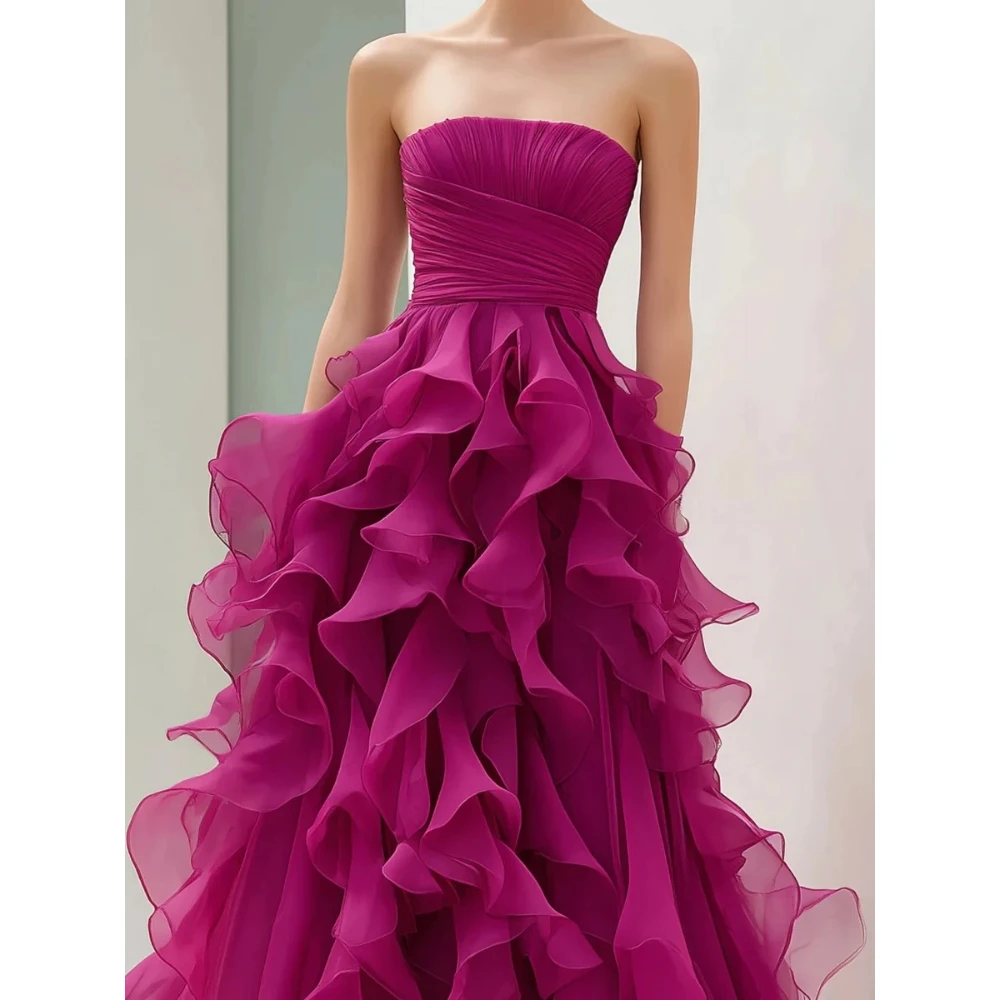 Customized Sweet Strapless Sleeveless Evening Dress Tiered Chiffon A-line Floor Length Prom Gown Simple  Graduation Dress