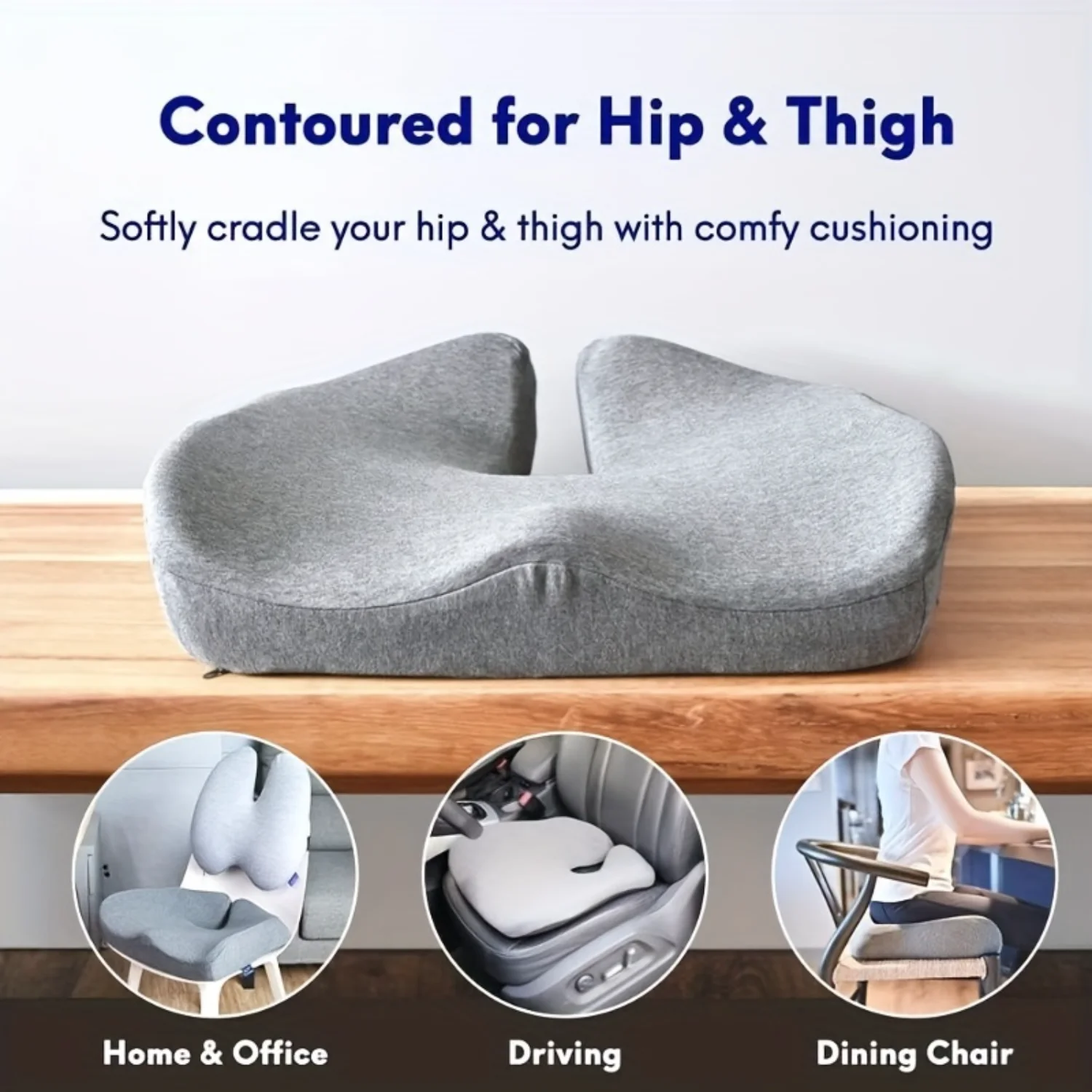 Ergonomic Memory Foam Seat Cushion for Hip & Tailbone Relief - Ideal for Extended Sitting in Office, , Car, Wheelchair - Pressur