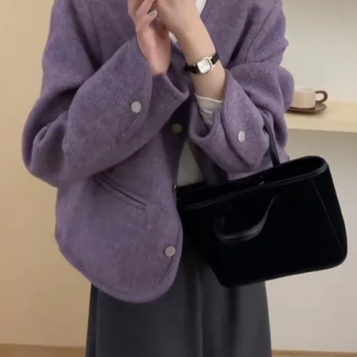 보라색 외투 여성용 짧은 보라색 샤넬 스타일 코트 여성용 짧은 코트 여성용 외투 여성용 코트 여성용 외투 코트  Best5