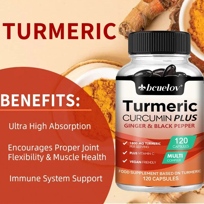 Turmeric supplement with curcumin extract, ginger and black pepper to support joint mobility and muscle and bone health