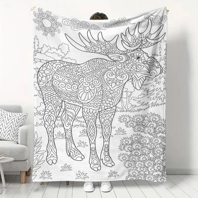 Line Art Mandala Moose Sun Floral Nature Decor Pattern Throw Blanket Soft Flannel Kids Bedroom Sleeping Nook Warm Home Decor