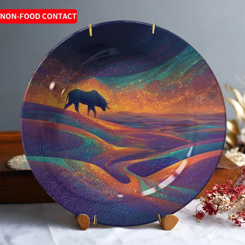 1pc Elegant Ceramic Elephant Walk Night March Round Plate - Ornate - Wall Decor & Tableware Holder, Non-Food Contact Suitable