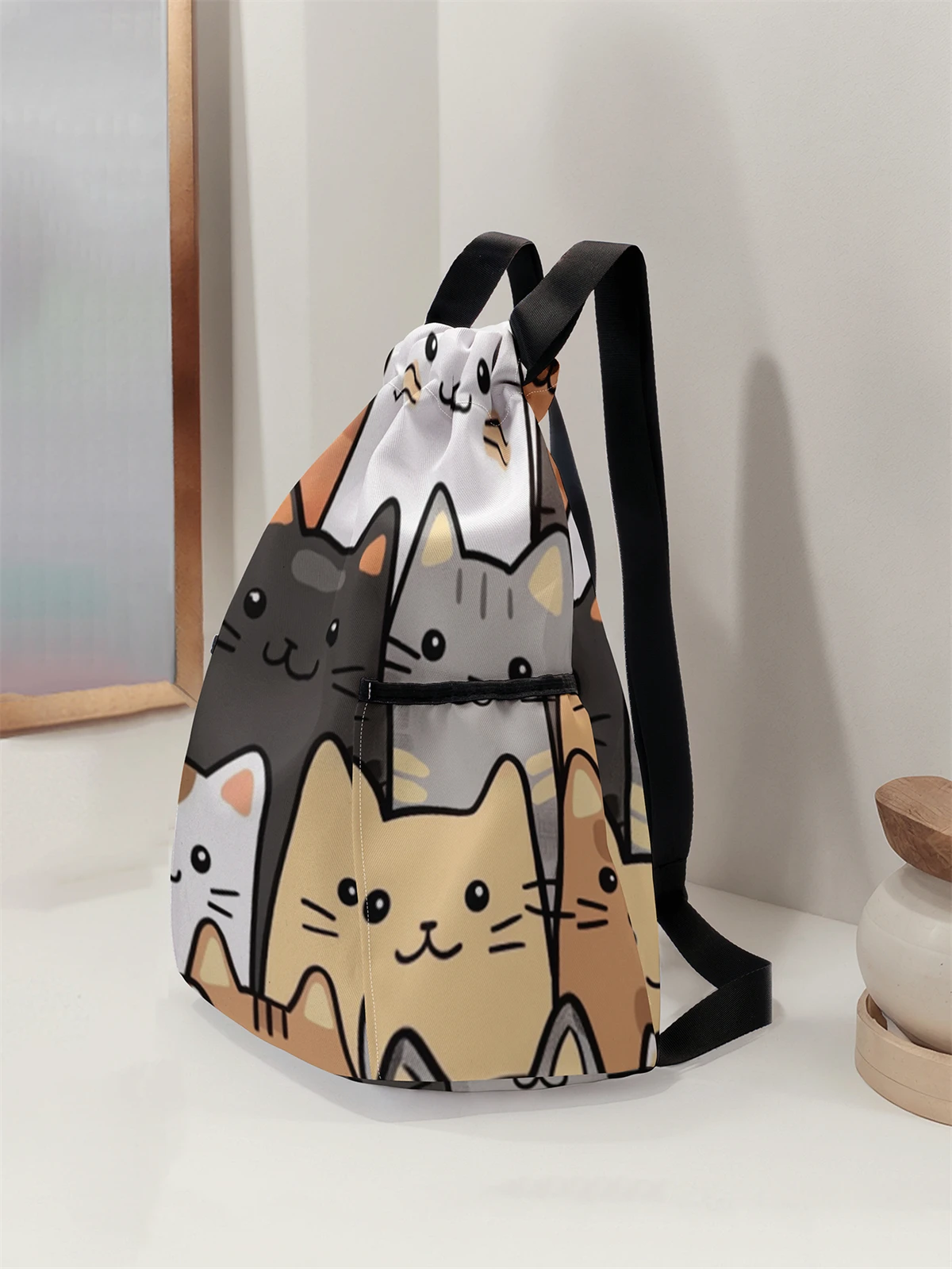 حقيبة ظهر برباط مطبوعة بنمط قطة لطيفة - حقيبة لياقة بدنية متينة ذات سعة كبيرة، حقيبة ظهر رياضية للشاطئ