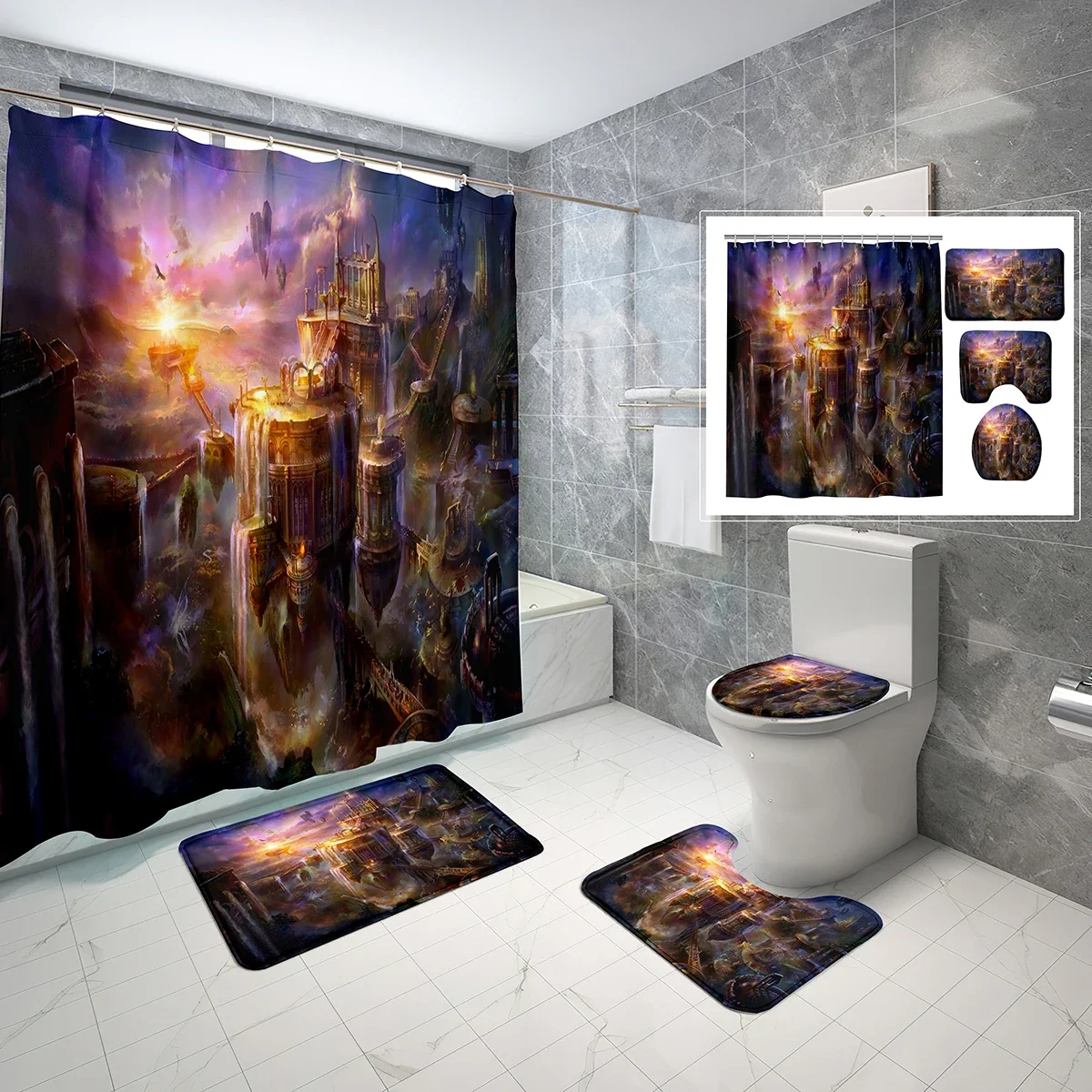 4 Pcs Fantasy World Shower Curtain Sets with Toilet Lid Cover and Non-slip Bath Mat Fantasy Castle Waterproof Shower Curtain Set