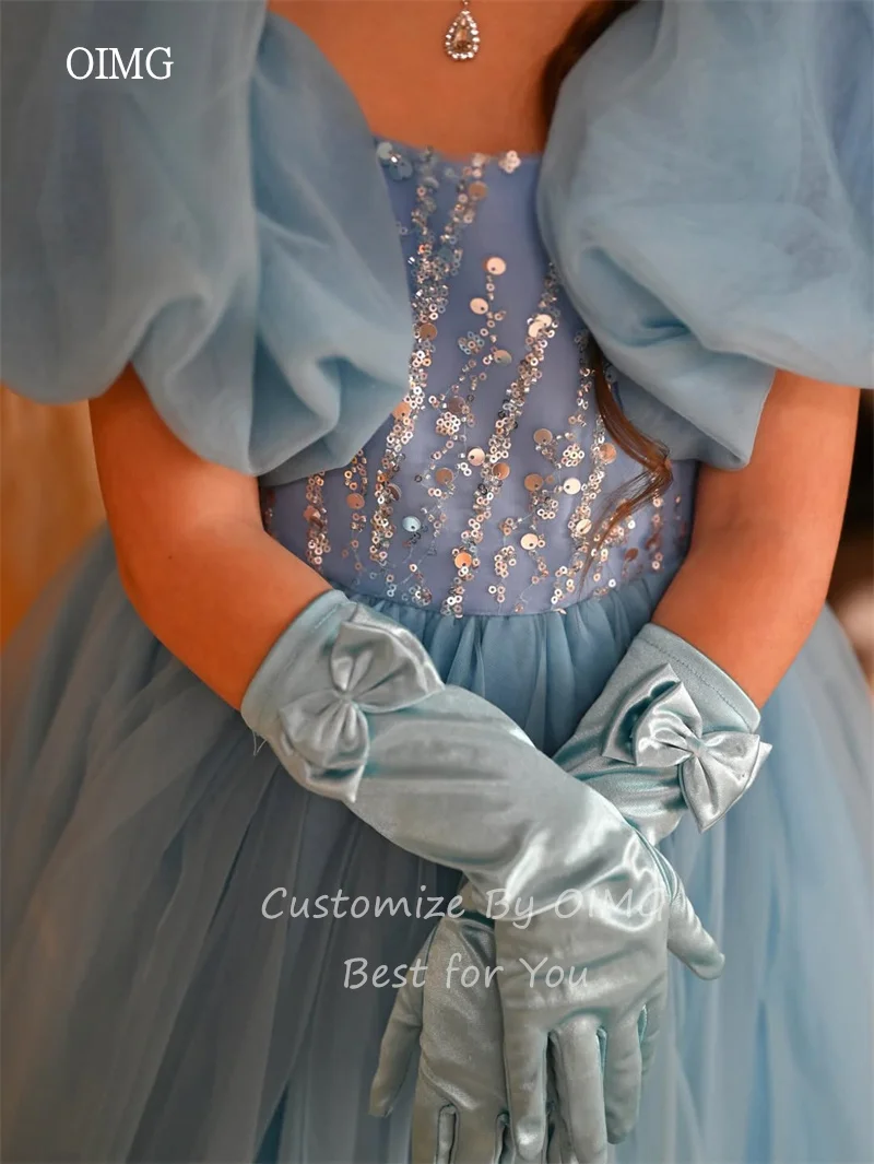 OIMG Blue Princess A-line Flower Girl Dresses Puff Sleeves Sequined Wedding Party Gown Floor Length Birthday Dress Customized