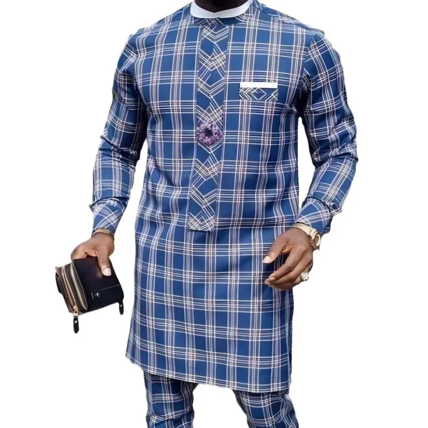 Four Seasons Hot Selling Men's 2 Piece Sets Afirican Syle Ethinic Casual Blue Plaid Clothes And Pants Button Muslim Men Clothing