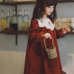 3-12 Years Kids Corduroy Long Sleeve Dresses for Girls Loose Embroidery Princess Dress Toddler Children Outfits Clothing 6 8 9 7