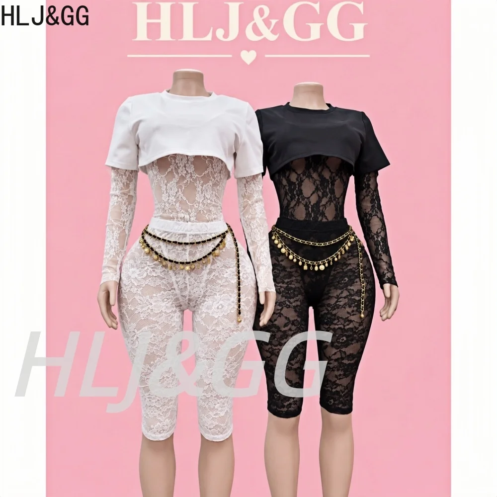 HLJ&GG Lace See Though Shorts Two Piece Sets Women Round Neck Long Sleeve Bodysuits And Shorts Outfit Sexy Sheer 2pcs Streetwear