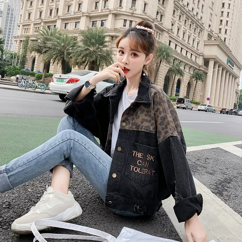 Hot 2025 Autumn Winter Denim Jacket Women Coat Letter Embroidery Leopard Patchwork Loose High Quality Female Jeans Jacket