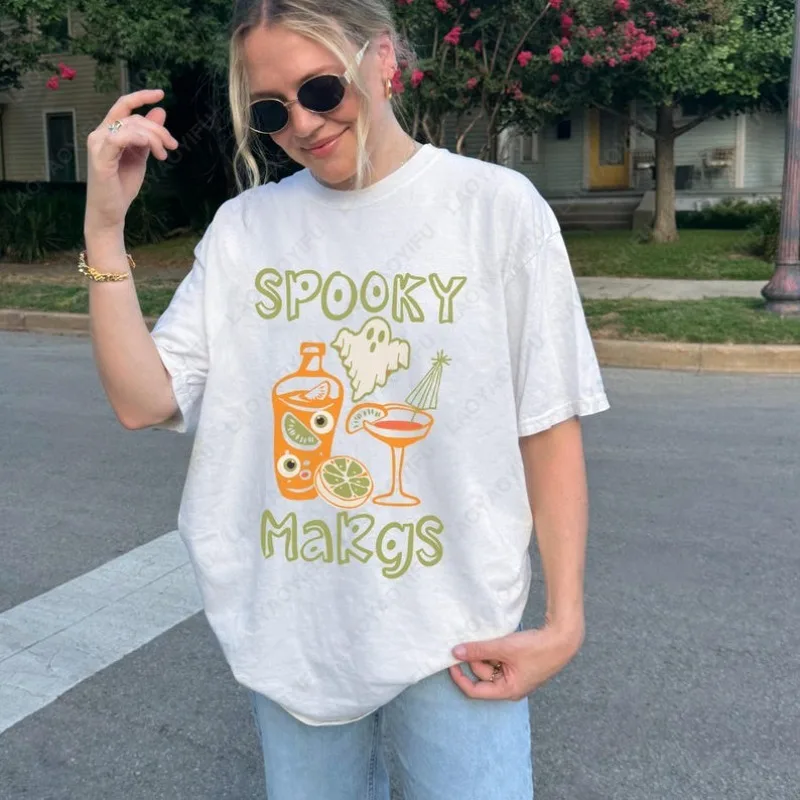 Halloween Spooky Cocktail Spicy Margs Cotton Tshirt Fall Drinking Funny Bar All Saints' Day Women Men Clothing Trending Cool Tee