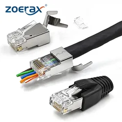 ZoeRax RJ45 Cat8 Cat7 Cat6A Pass Through Shielded Connector Modular Network 3-Prong 50μ Gold-Plated Plug with Strain Relief Boot