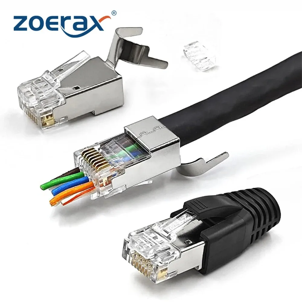 ZoeRax RJ45 Cat8 Cat7 Cat6A Przejściowe złącze ekranowane Sieć modułowa 3-bolcowy 50μ pozłacany wtyk z osłoną odciążającą