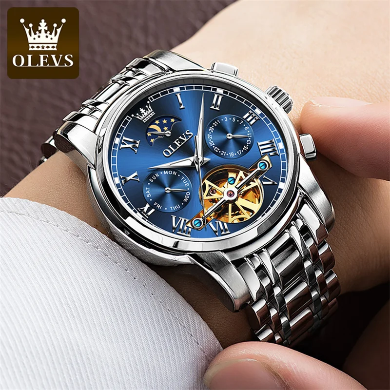 OLEVS Luxury Men Automatic Mechanical Watch Roman Scale Moon Phase Week Date Hollow Tourbillon Stainless Steel Men Wrist Watch