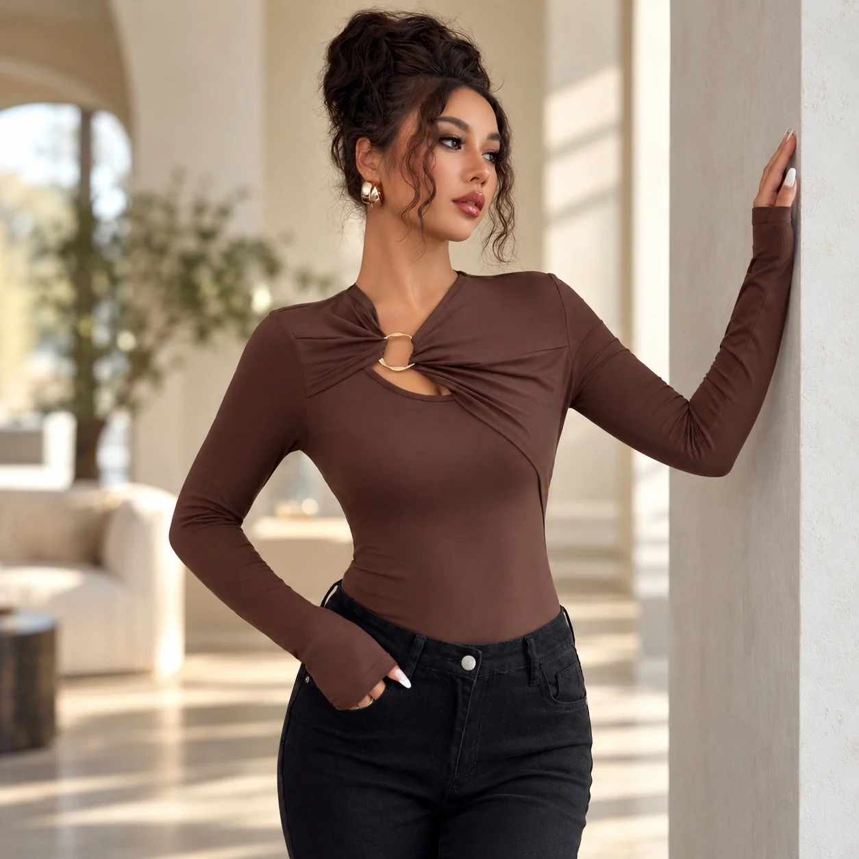 Asymmetric Slim Fit Top Asymmetrical Elegant Professional with Regular Length Irregular Neckline Long Sleeve T Shirts for Women
