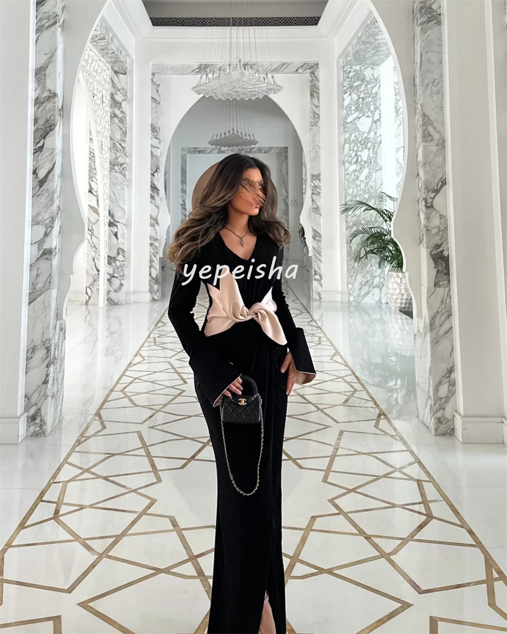 Customized Sizes Available Matching Jersey Pleat Bow Straight V-neck Long Dresses Bespoke Occasion Dresses Exquisite Elegant image 2
