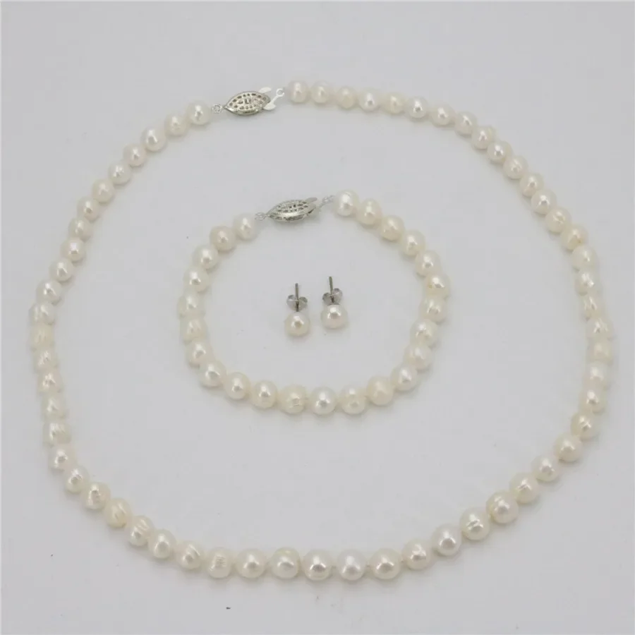 

New 7-8mm Real White Cultured Pearl Necklace Bracelet Earring Sets women Jewelry Beads Natural Stone Handmade Wholesale