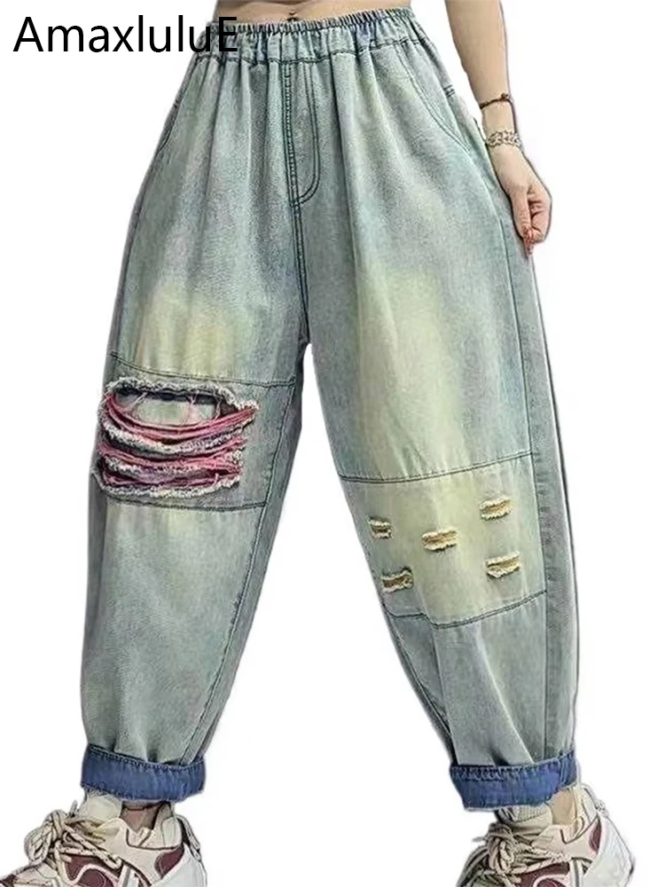 

Amax luluE Holes Womens Gothic Spring Denim Trousers Casual Fashion Classic Loose Jeans Vintage Harajuku Punk Ladies Harem Pants