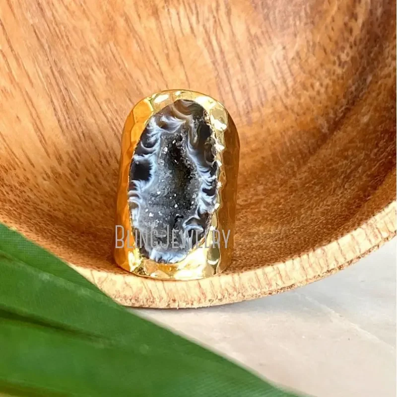 10pcs Raw Stone Agate Druzy Geode Women Engagement Boho Wide Band Fidget Worry Cuff Ring Statement Stainless Steel Goth Jewelry