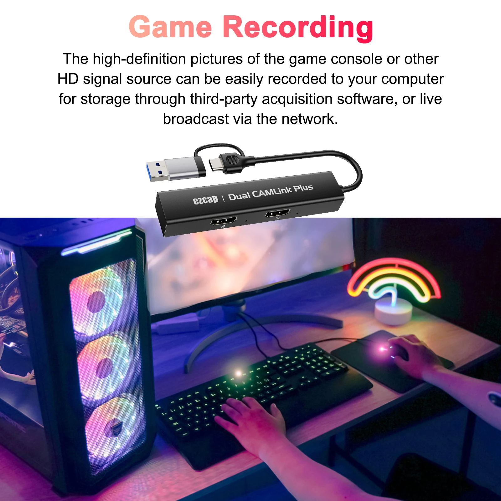 Ezcap Dual CAM Link High Definition Video Capture Card Dual High Definition to Type-C Game Recorder 1080P 60fps for Game Video