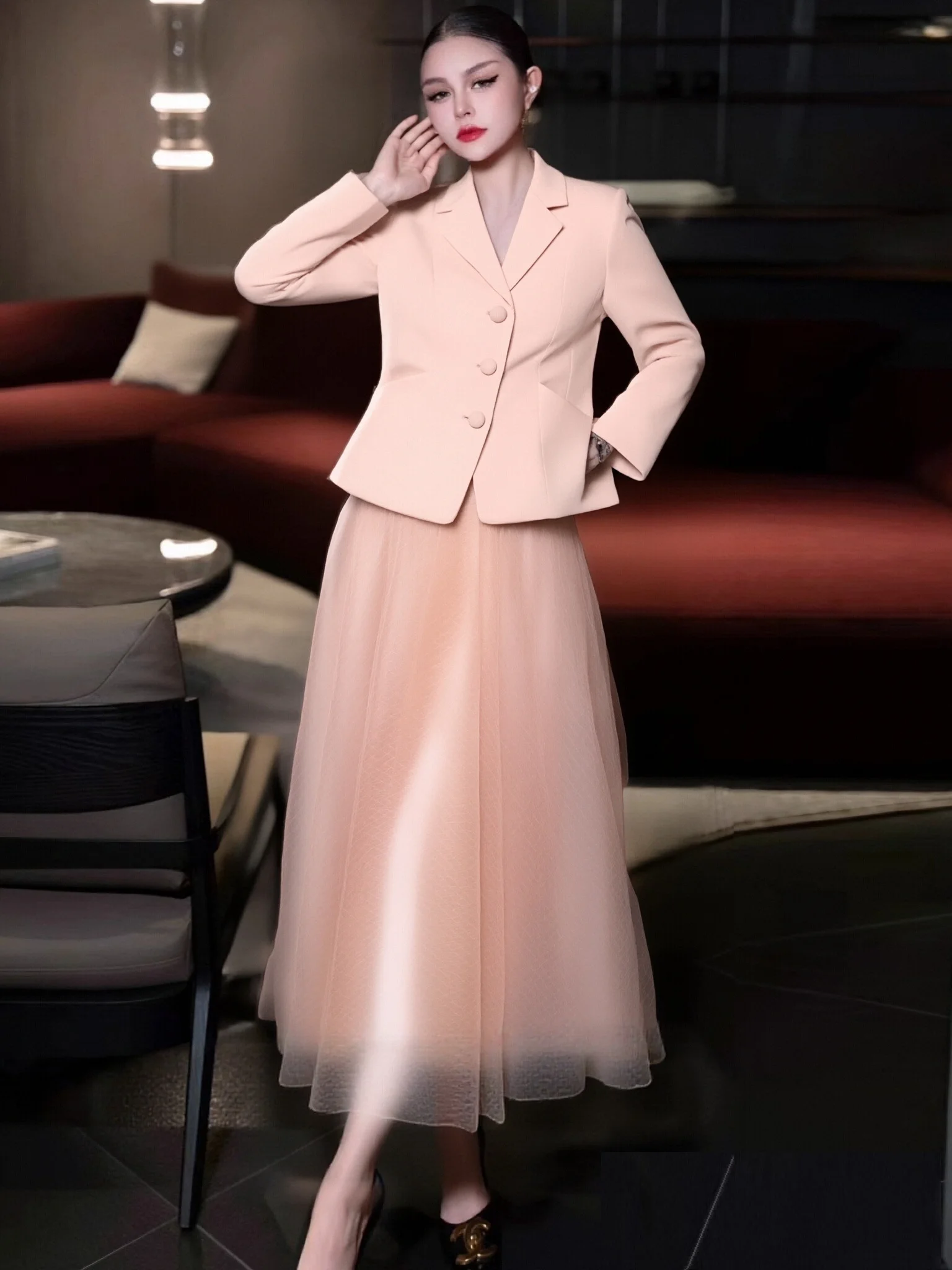 Women's Set Kate Princess Pink Long Sleeve Slim Blouse+Mesh Skirt  Skirt Set Office Suit