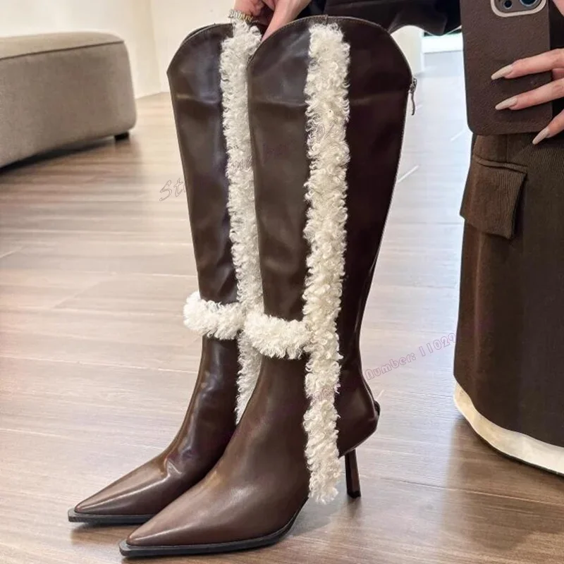 

Brown Fluffy Decor Knee High Boots Matte Leather Pointed Toe Shoes for Women Thin High Heels Shoes 2023 Zapatos Para Mujere